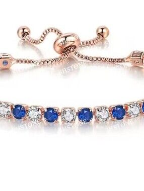 925 Sterling Silver Tennis Bracelet Blue Sapphire CZ Adjustable Bolo Rose Gold